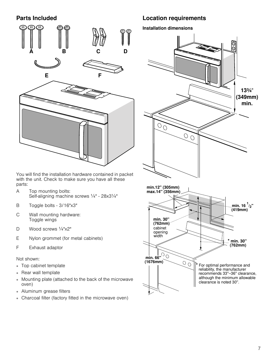 Parts included, Location requirements, Installation dimensions | Parts included location requirements | Bosch HMV5052U User Manual | Page 7 / 32