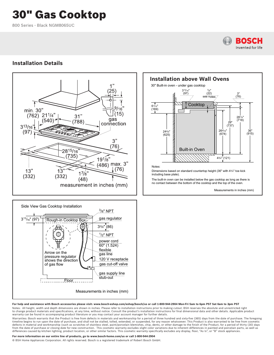 30" gas cooktop, Installation details, Installation above wall ovens | Cooktop built-in oven | Bosch NGM8065UC User Manual | Page 2 / 2