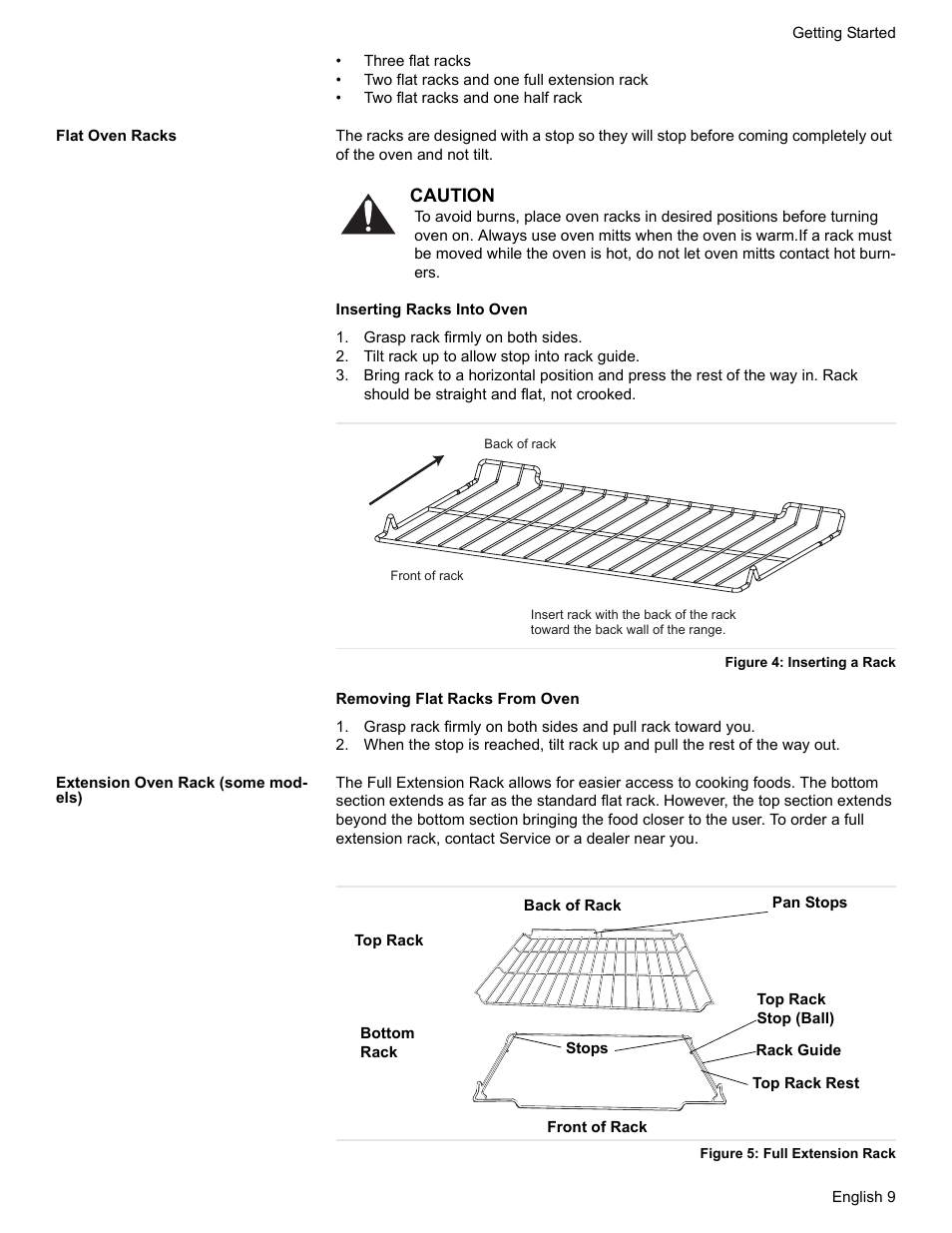 Flat oven racks, Grasp rack firmly on both sides, Tilt rack up to allow stop into rack guide | Figure 4: inserting a rack, Extension oven rack (some models), Figure 5: full extension rack | Bosch HGS7052UC User Manual | Page 13 / 56