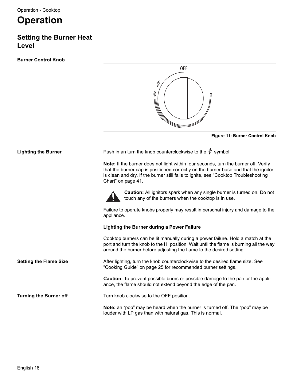 Operation, Setting the burner heat level, Burner control knob | Figure 11: burner control knob, Lighting the burner, Setting the flame size, Turning the burner off | Bosch HGS7052UC User Manual | Page 22 / 56