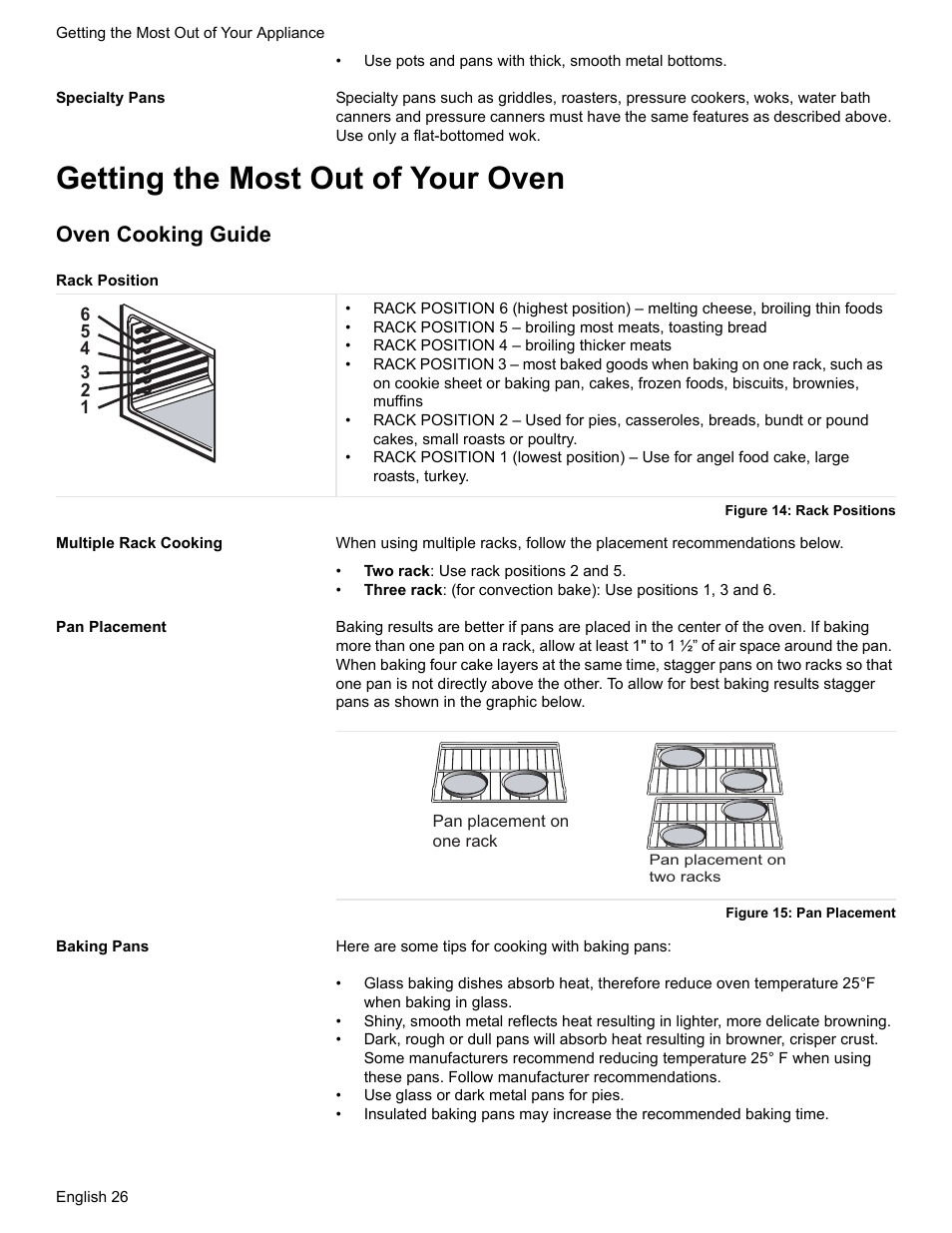 Specialty pans, Getting the most out of your oven, Oven cooking guide | Rack position, Figure 14: rack positions, Multiple rack cooking, Pan placement, Figure 15: pan placement, Baking pans | Bosch HGS7052UC User Manual | Page 30 / 56