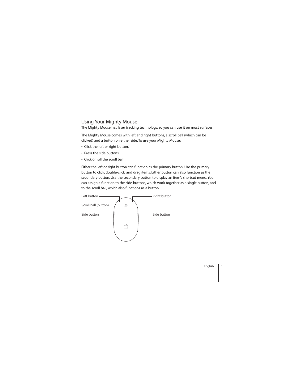 Using your mighty mouse | Apple Mighty Mouse (inalámbrico) User Manual | Page 5 / 36