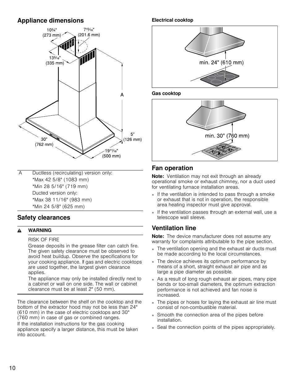 Appliance dimensions safety clearances, Fan operation, Ventilation line | Bosch HCP30E51UC User Manual | Page 10 / 44