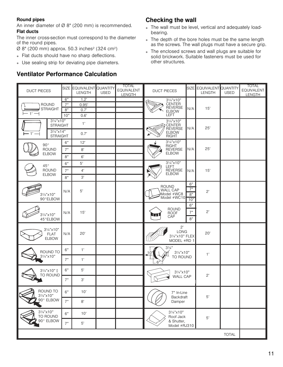Ventilator performance calculation, Checking the wall | Bosch HCP30E51UC User Manual | Page 11 / 44
