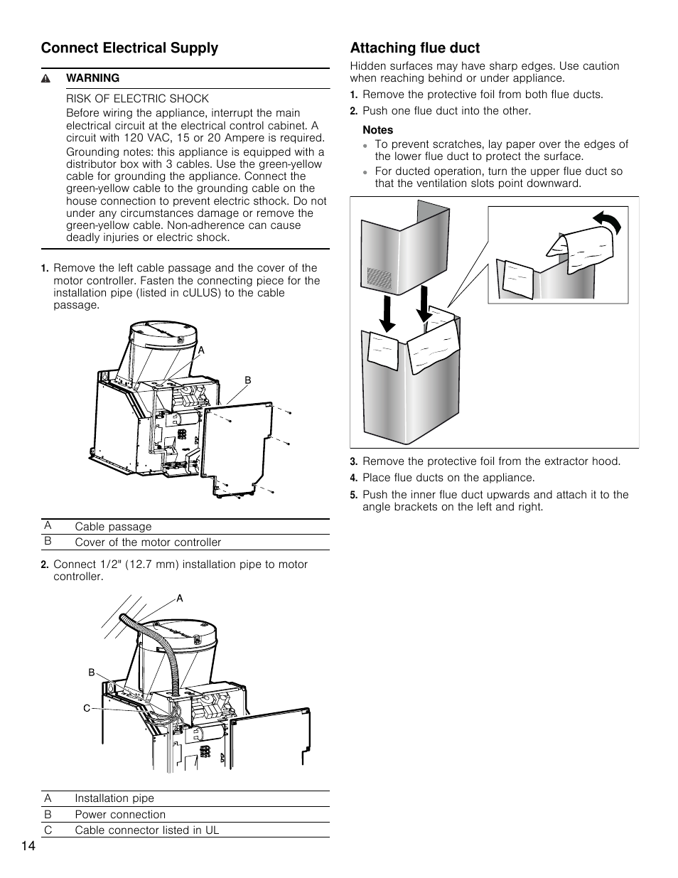 Connect electrical supply, Attaching flue duct | Bosch HCP30E51UC User Manual | Page 14 / 44