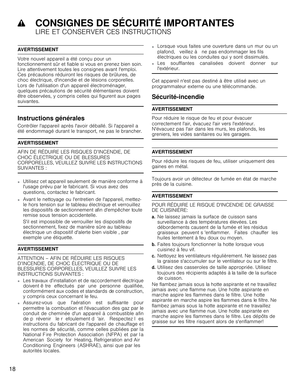 Consignes de sécurité importantes, Lire et conserver ces instructions, Instructions générales | Sécurité-incendie | Bosch HCP30E51UC User Manual | Page 18 / 44