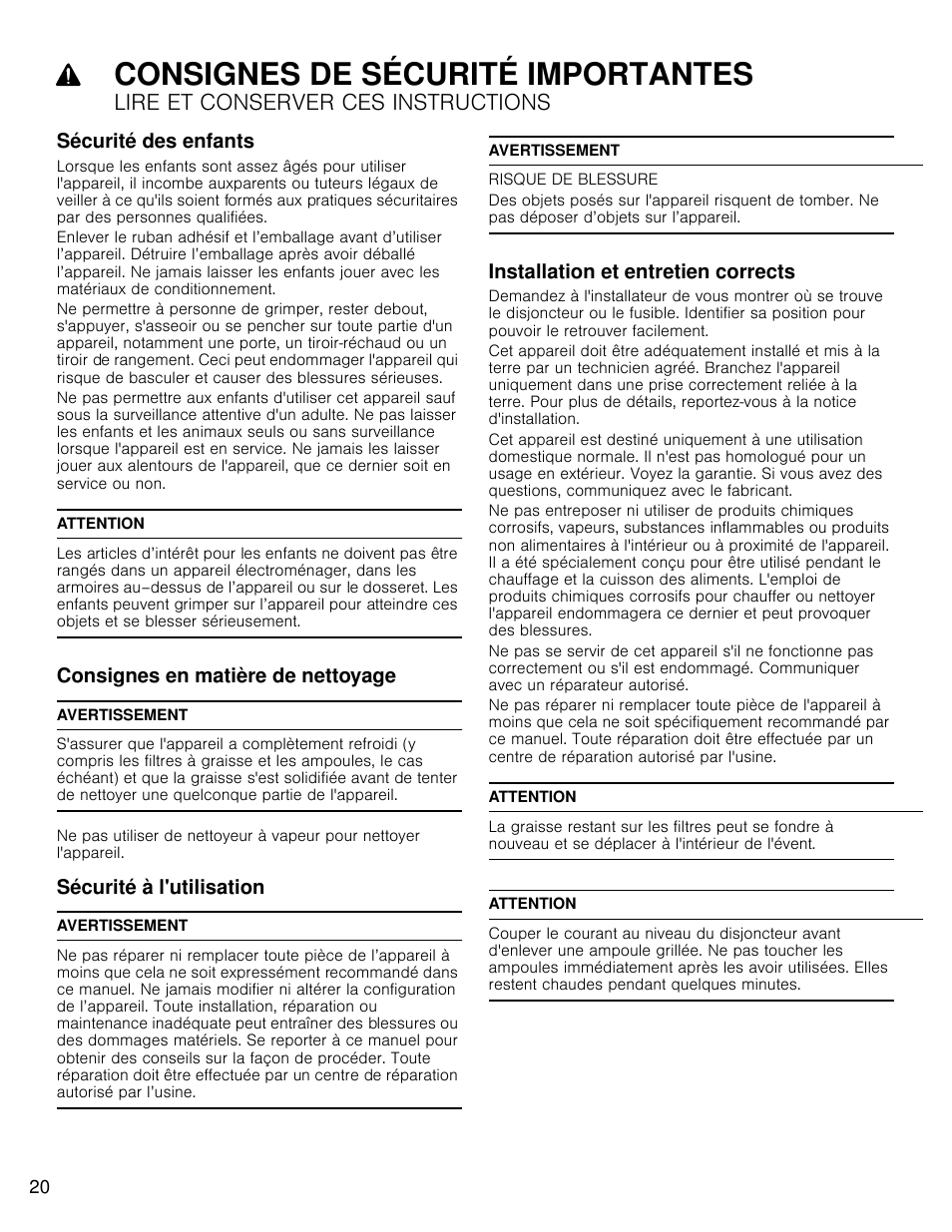 Consignes de sécurité importantes, Lire et conserver ces instructions, Sécurité des enfants | Consignes en matière de nettoyage, Sécurité à l'utilisation, Installation et entretien corrects | Bosch HCP30E51UC User Manual | Page 20 / 44