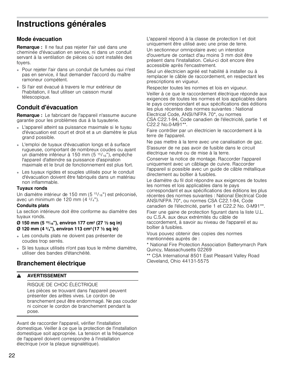 Instructions générales, Conduit d'évacuation, Branchement électrique | Bosch HCP30E51UC User Manual | Page 22 / 44