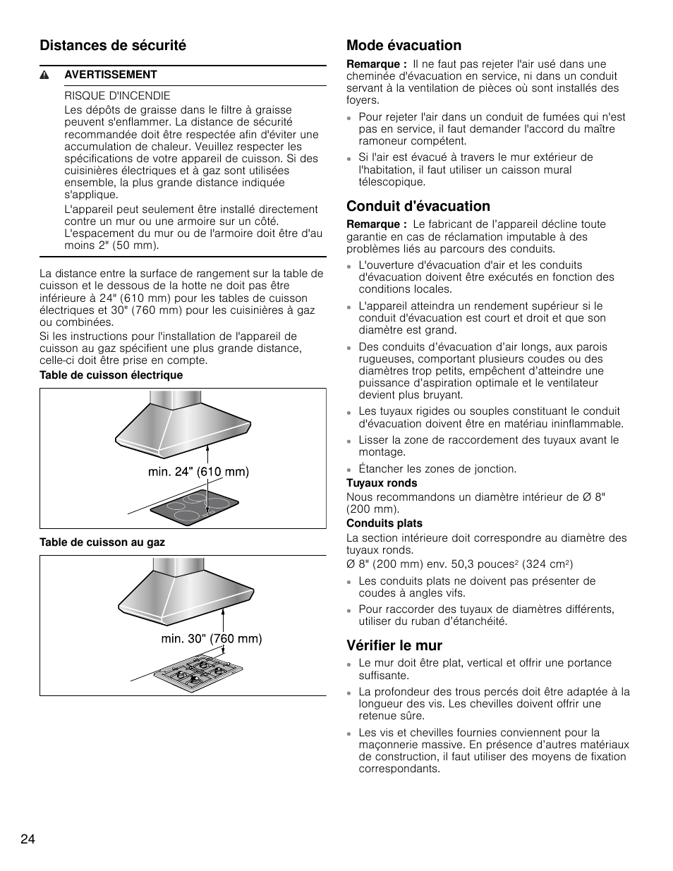 Distances de sécurité, Mode évacuation, Conduit d'évacuation | Vérifier le mur | Bosch HCP30E51UC User Manual | Page 24 / 44