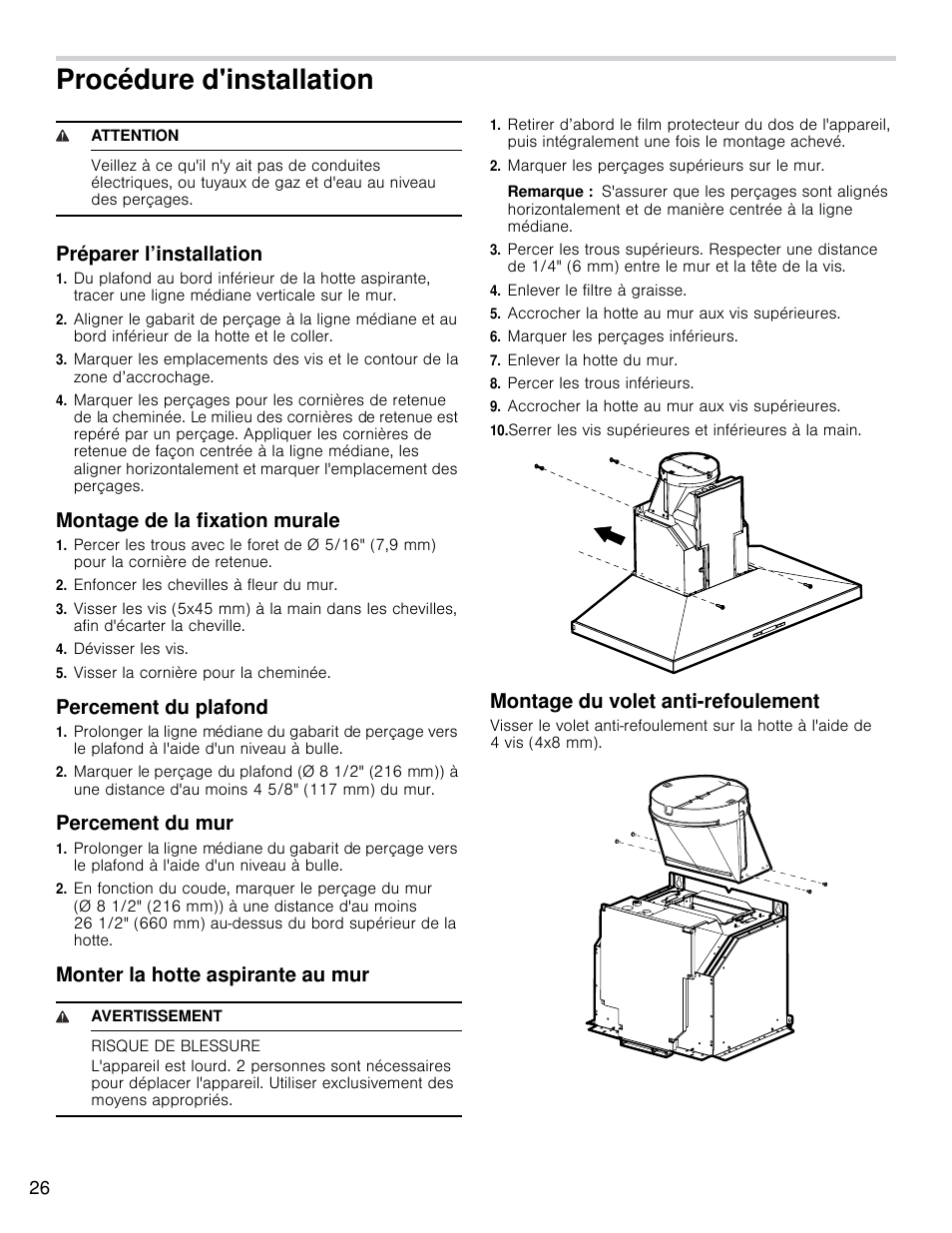 Procédure d'installation, Préparer l’installation, Montage de la fixation murale | Percement du plafond, Percement du mur, Monter la hotte aspirante au mur, Montage du volet anti-refoulement | Bosch HCP30E51UC User Manual | Page 26 / 44