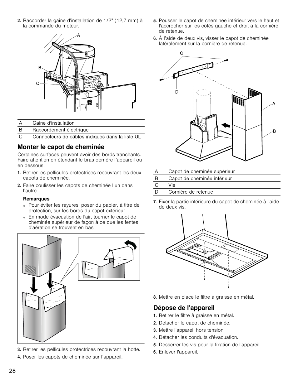 Monter le capot de cheminée, Dépose de l'appareil | Bosch HCP30E51UC User Manual | Page 28 / 44