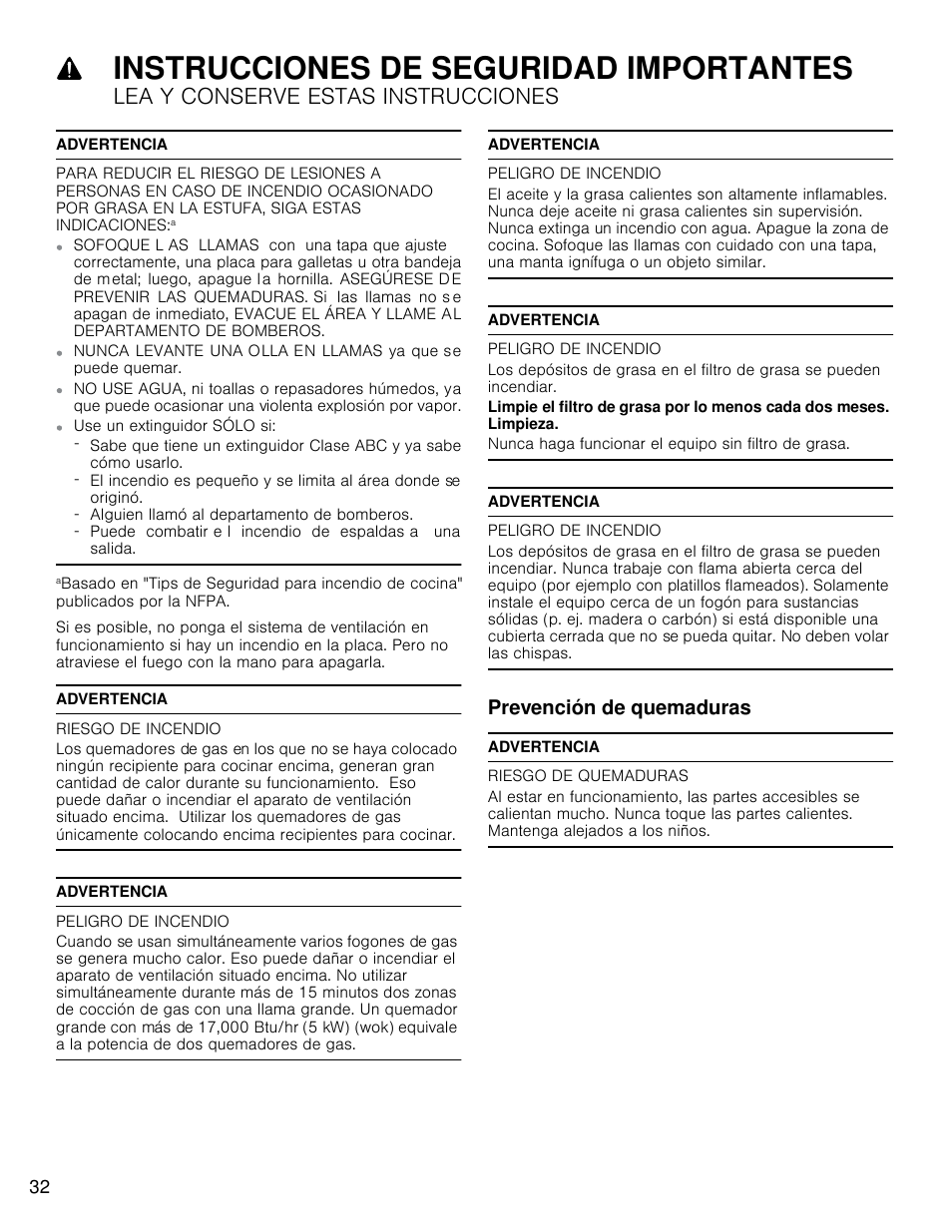 Instrucciones de seguridad importantes, Lea y conserve estas instrucciones, Prevención de quemaduras | Bosch HCP30E51UC User Manual | Page 32 / 44
