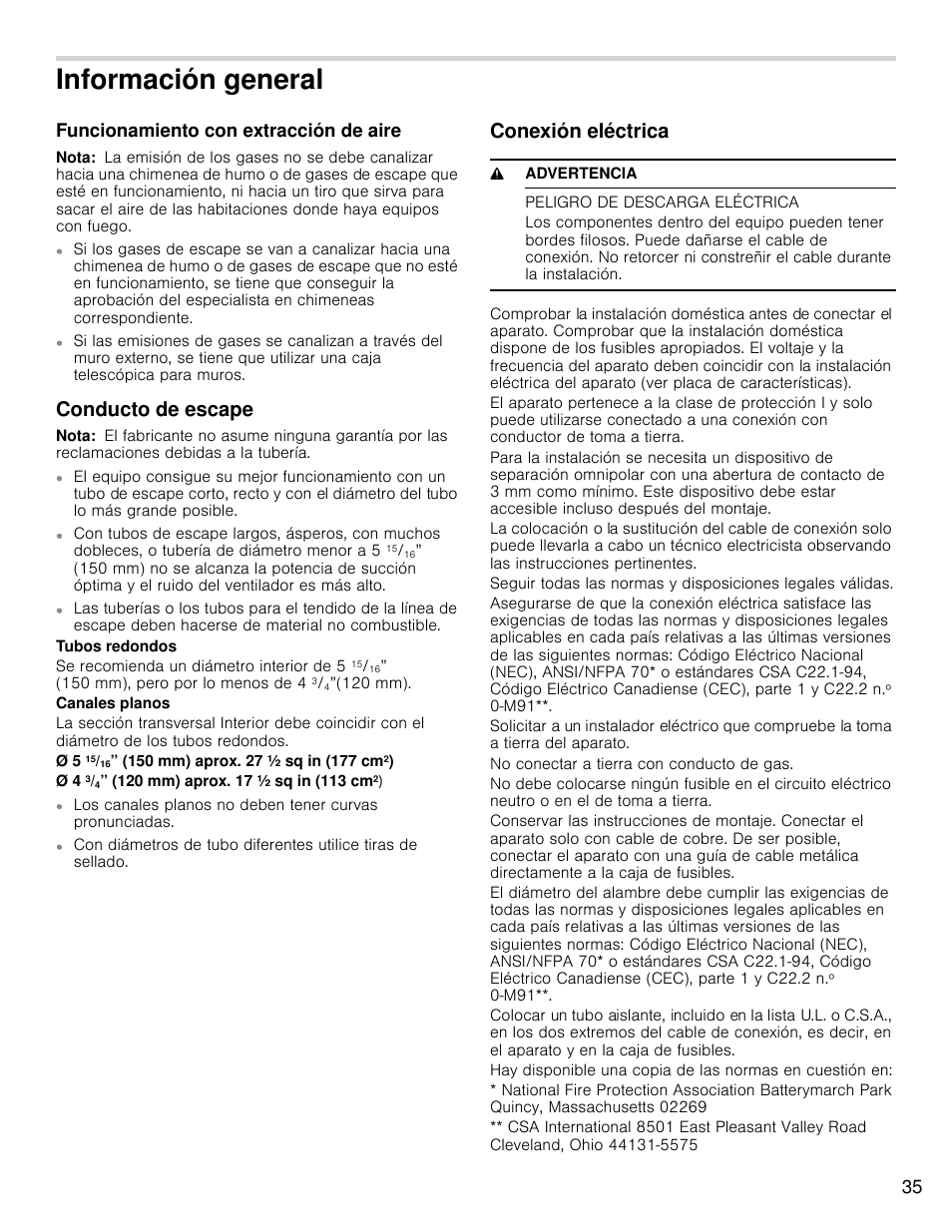 Información general, Conducto de escape, Conexión eléctrica | Bosch HCP30E51UC User Manual | Page 35 / 44