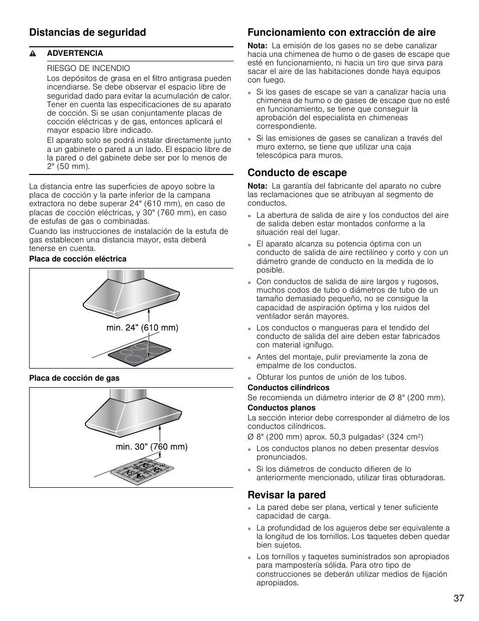 Distancias de seguridad, Funcionamiento con extracción de aire, Conducto de escape | Revisar la pared | Bosch HCP30E51UC User Manual | Page 37 / 44