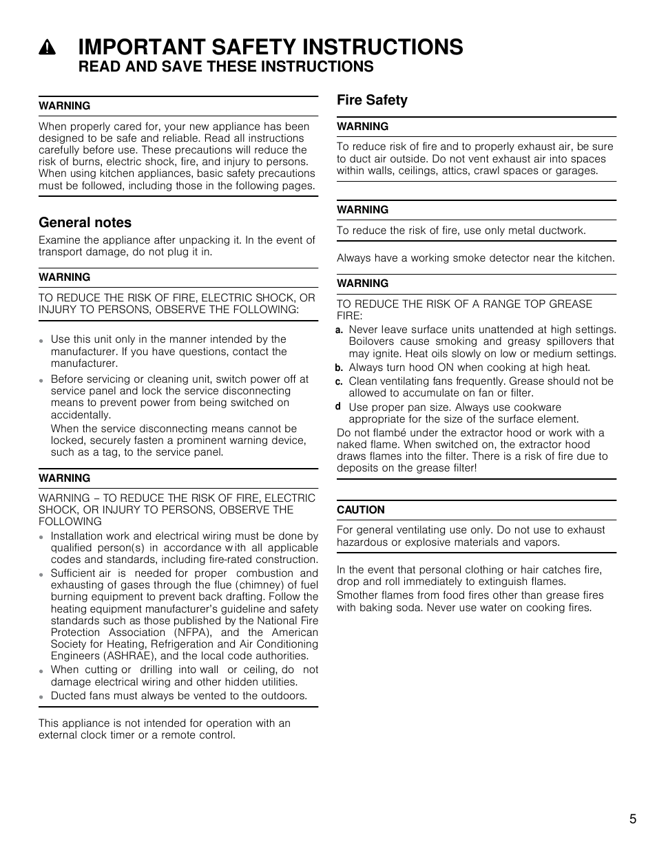 Important safety instructions, Read and save these instructions, Fire safety | Bosch HCP30E51UC User Manual | Page 5 / 44