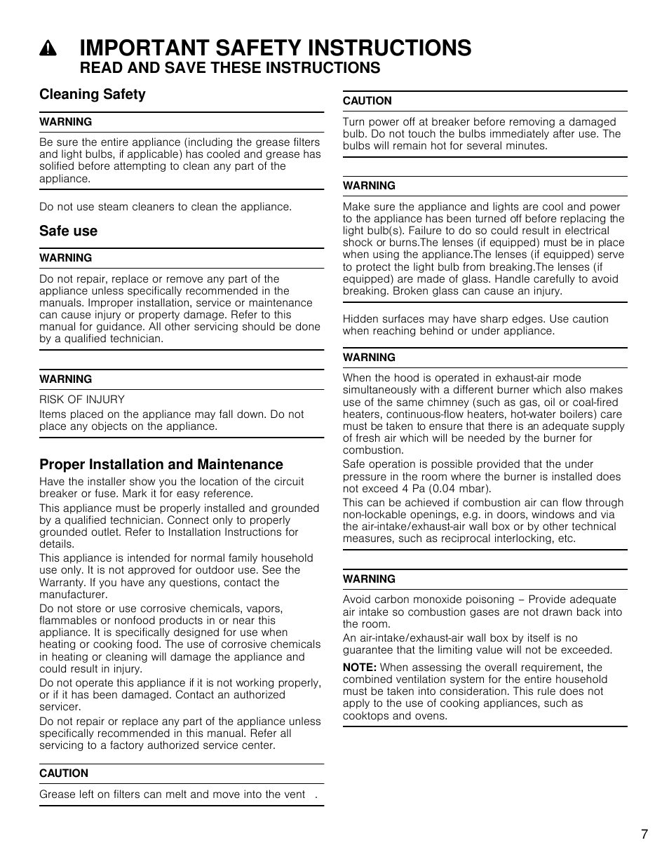 Important safety instructions, Read and save these instructions, Cleaning safety | Safe use, Proper installation and maintenance | Bosch HCP30E51UC User Manual | Page 7 / 44