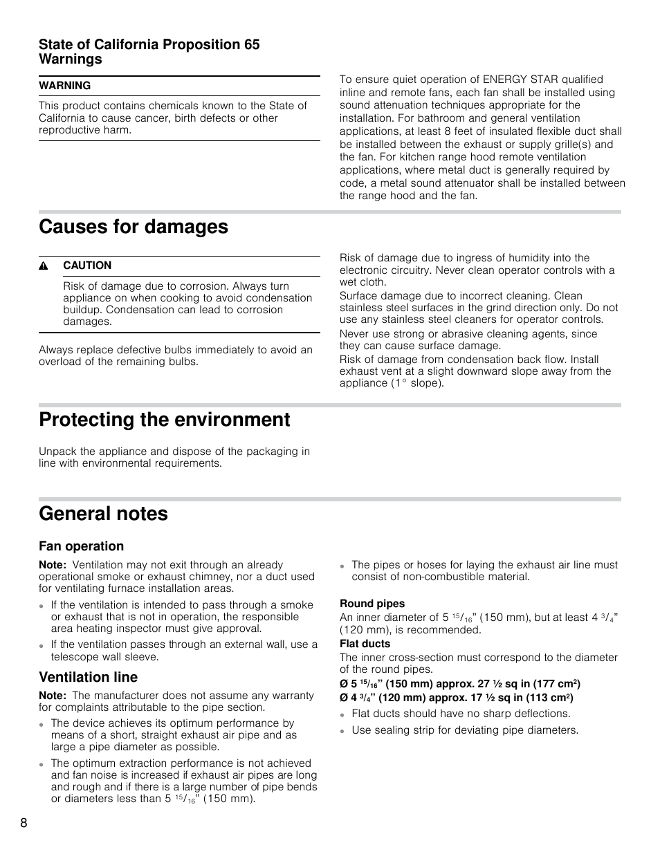 Causes for damages, Protecting the environment, State of california proposition 65 warnings | Ventilation line | Bosch HCP30E51UC User Manual | Page 8 / 44