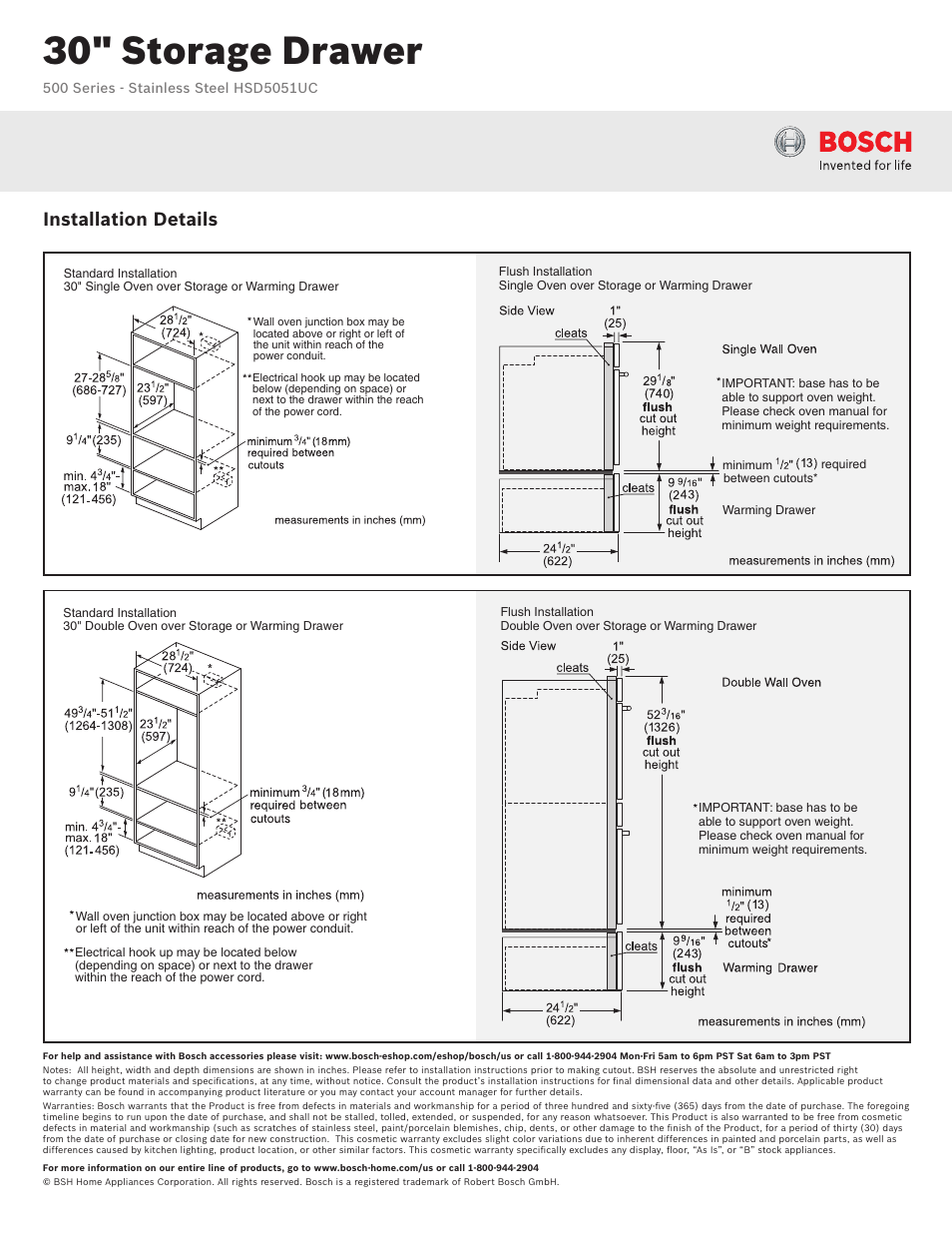 30" storage drawer, Installation details | Bosch HSD5051UC User Manual | Page 3 / 4