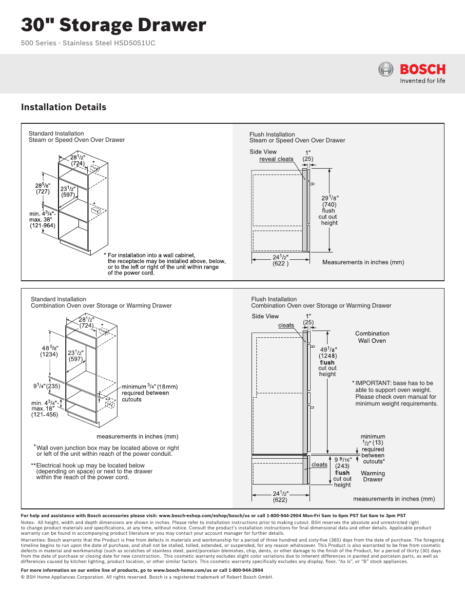 30" storage drawer, Installation details | Bosch HSD5051UC User Manual | Page 4 / 4