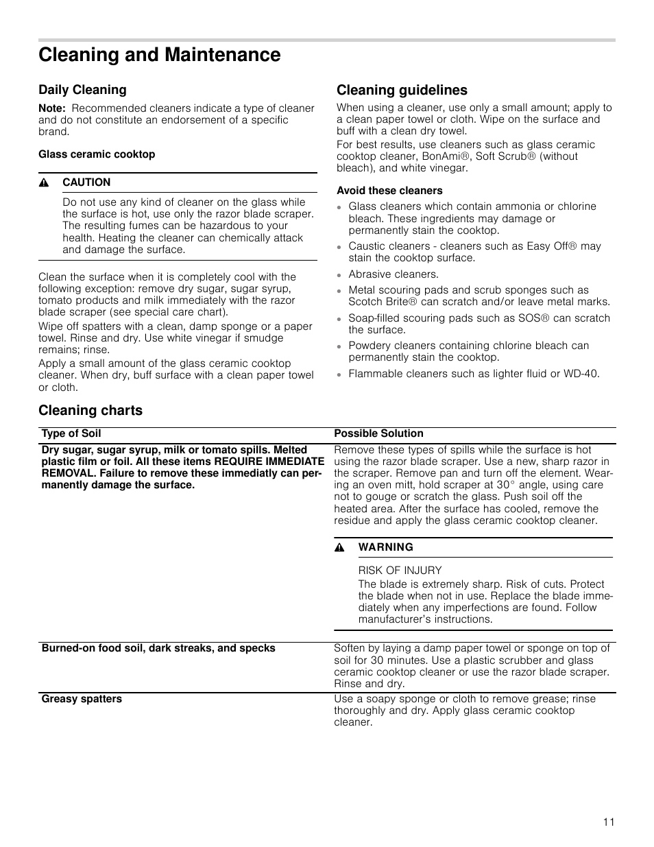 Cleaning and maintenance, Daily cleaning, Note | Glass ceramic cooktop, 9 caution, Cleaning guidelines, Avoid these cleaners, Cleaning charts, Risk of injury | Bosch NEM5066UC User Manual | Page 11 / 40