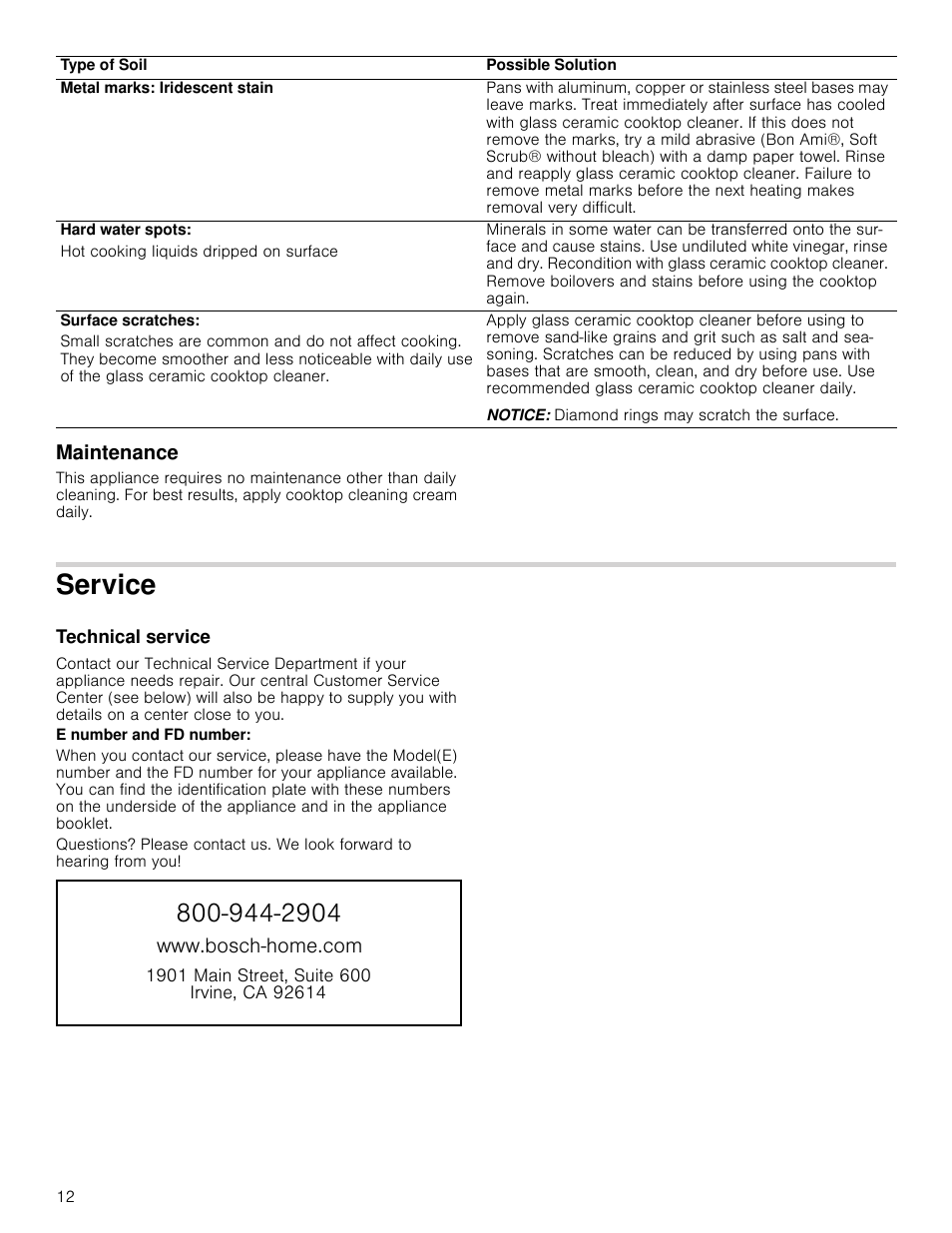 Maintenance, Service, Technical service | Bosch NEM5066UC User Manual | Page 12 / 40