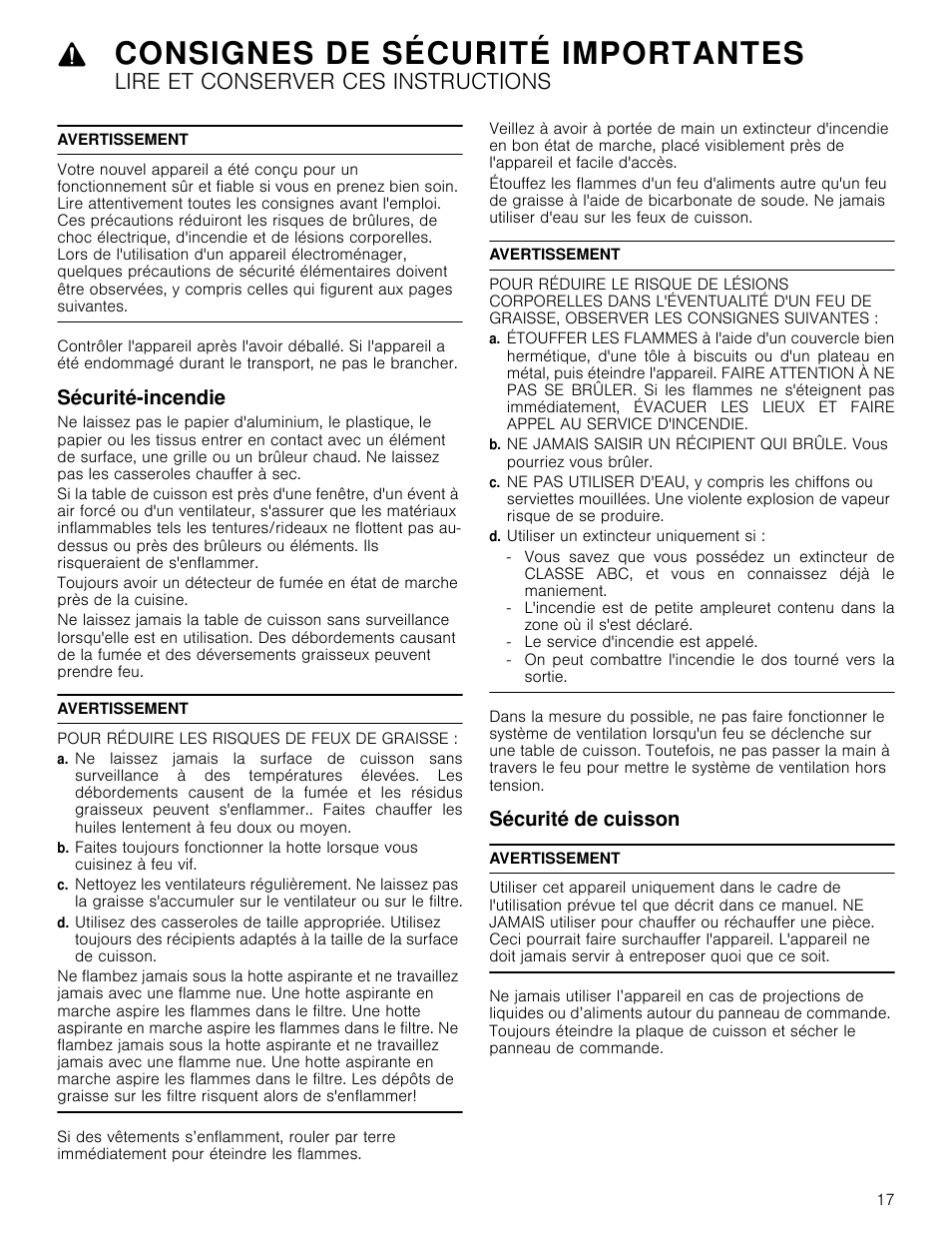 Consignes de sécurité importantes, Lire et conserver ces instructions, Avertissement | Sécurité-incendie, Pour réduire les risques de feux de graisse, D. utiliser un extincteur uniquement si, Sécurité de cuisson | Bosch NEM5066UC User Manual | Page 17 / 40