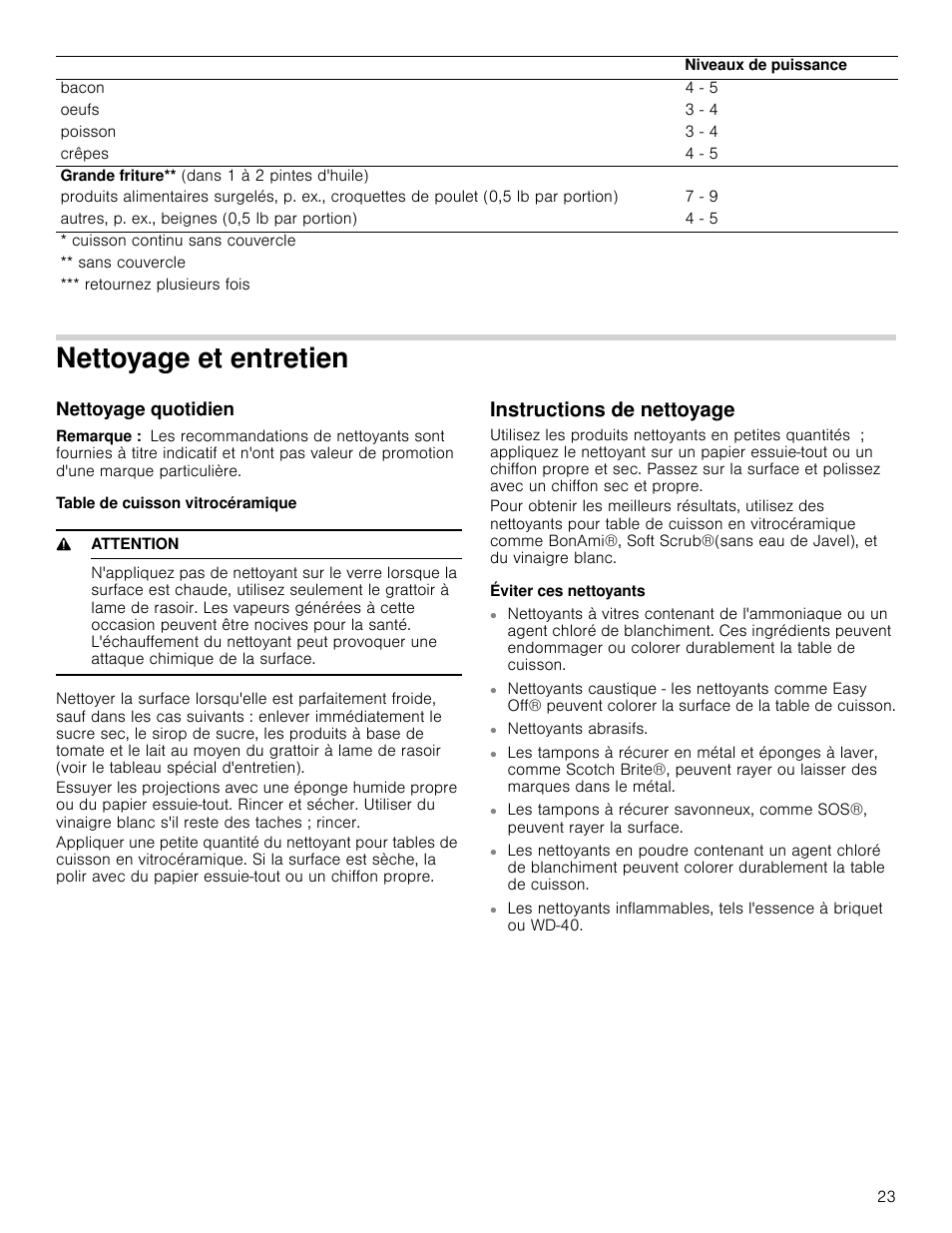 Nettoyage et entretien, Nettoyage quotidien, Remarque | Table de cuisson vitrocéramique, 9 attention, Instructions de nettoyage, Éviter ces nettoyants | Bosch NEM5066UC User Manual | Page 23 / 40