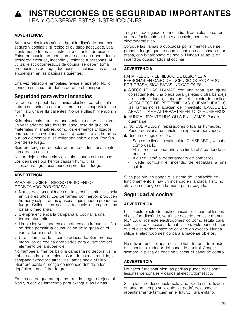 Instrucciones de seguridad importantes, Lea y conserve estas instrucciones, Advertencia | Seguridad para evitar incendios, D. use un extinguidor sólo si, Seguridad al cocinar, Nunca levante una olla en llamas. puede quemarse | Bosch NEM5066UC User Manual | Page 29 / 40