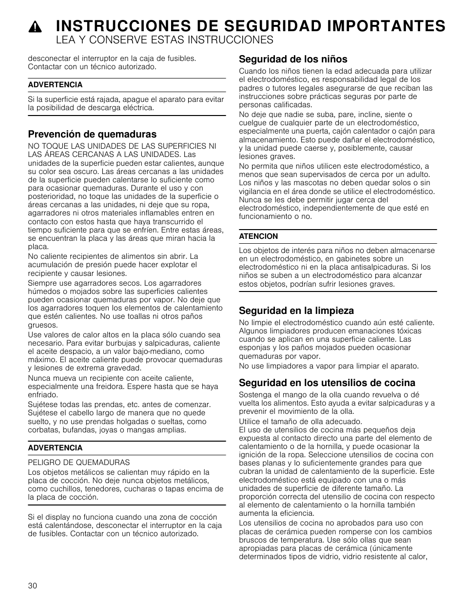 Advertencia, Prevención de quemaduras, Peligro de quemaduras | Seguridad de los niños, Atencion, Seguridad en la limpieza, Seguridad en los utensilios de cocina, Instrucciones de seguridad importantes, Lea y conserve estas instrucciones | Bosch NEM5066UC User Manual | Page 30 / 40