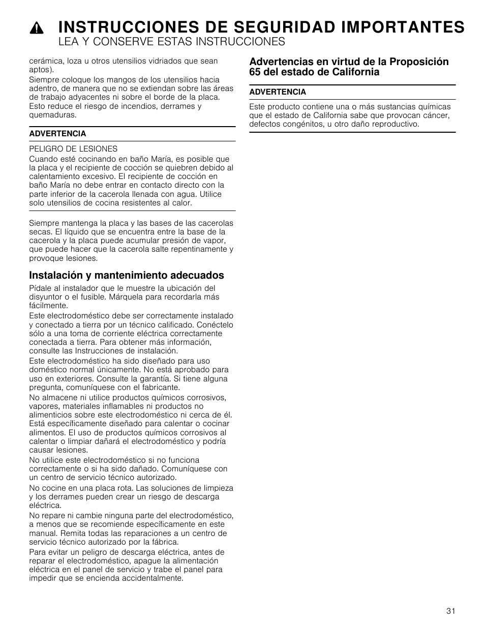 Advertencia, Peligro de lesiones, Instalación y mantenimiento adecuados | Del estado de california, Instrucciones de seguridad importantes, Lea y conserve estas instrucciones | Bosch NEM5066UC User Manual | Page 31 / 40