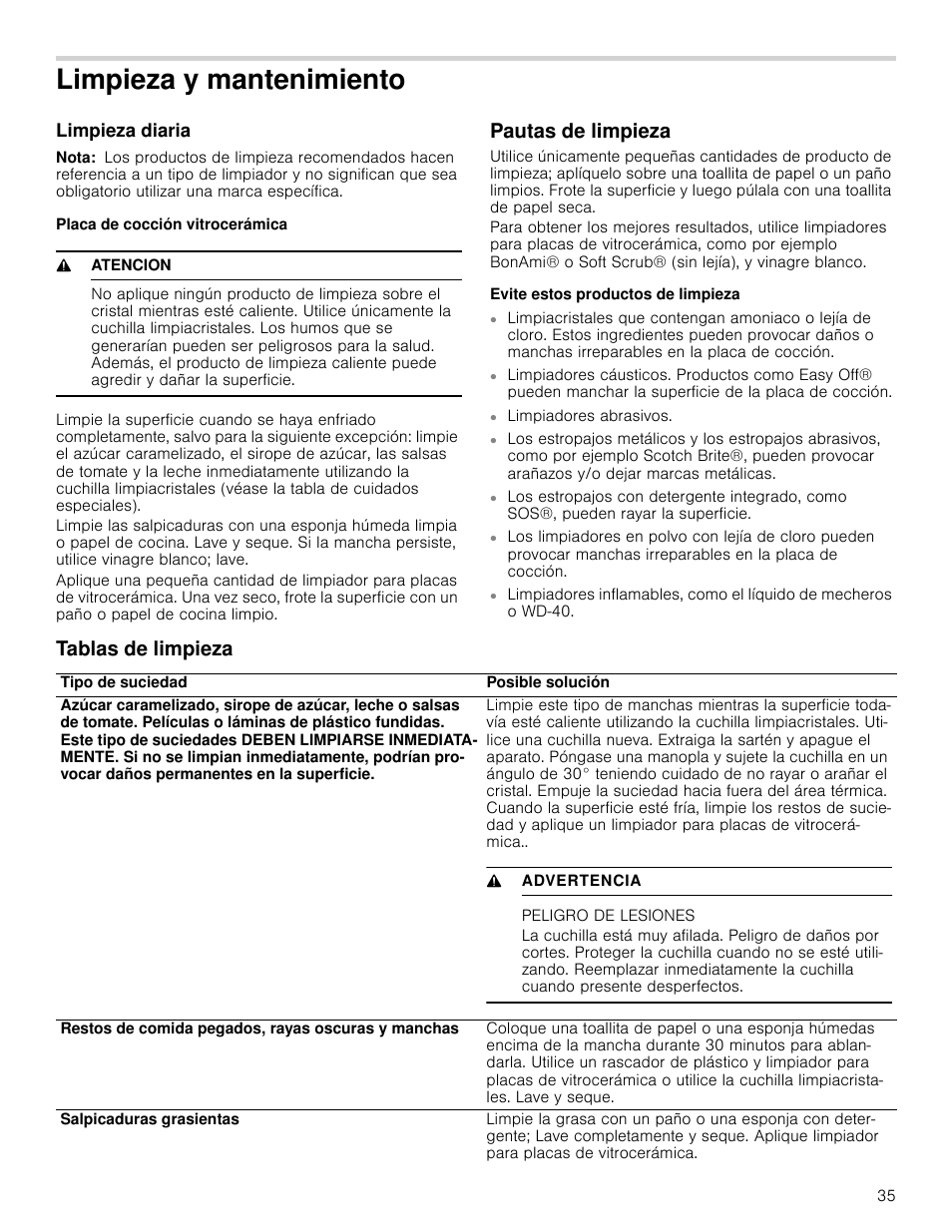 Limpieza y mantenimiento, Limpieza diaria, Nota | Placa de cocción vitrocerámica, 9 atencion, Pautas de limpieza, Evite estos productos de limpieza, Tablas de limpieza, Peligro de lesiones | Bosch NEM5066UC User Manual | Page 35 / 40