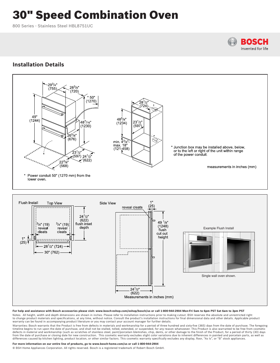 30" speed combination oven, Installation details | Bosch HBL8751UC User Manual | Page 2 / 3