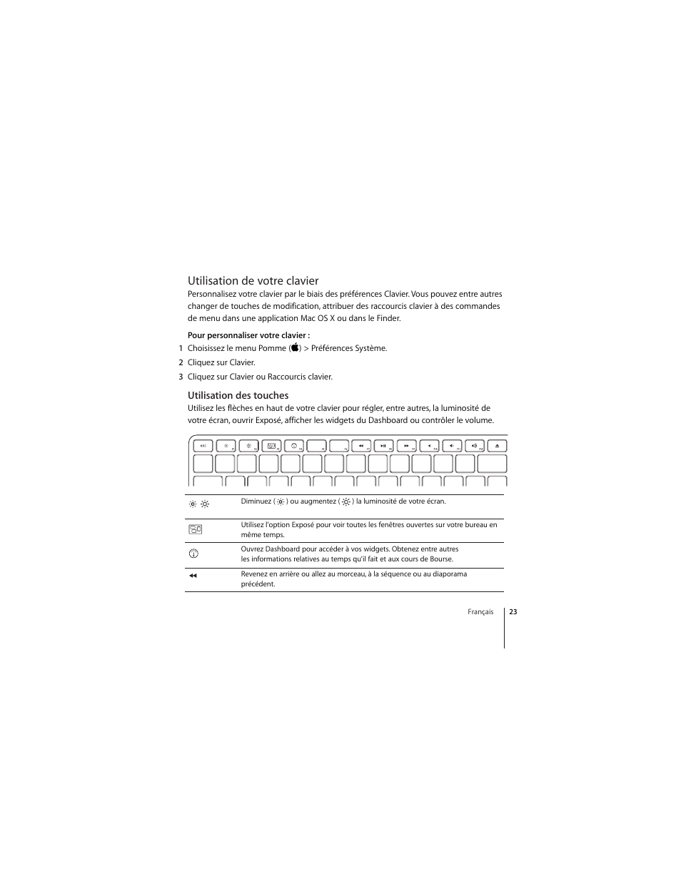 Utilisation de votre clavier, Utilisation des touches | Apple Wireless Keyboard (2009) User Manual | Page 23 / 52