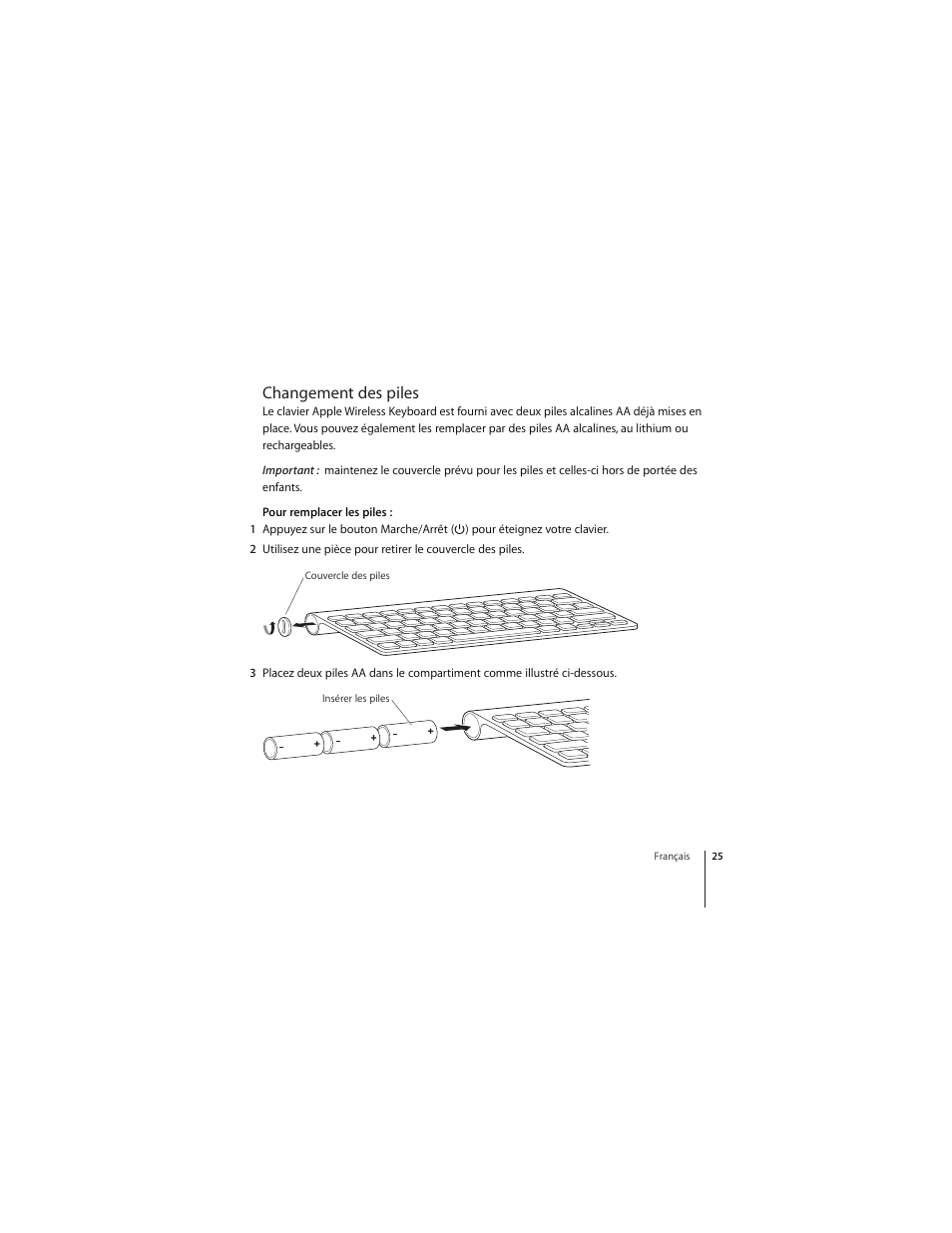 Changement des piles | Apple Wireless Keyboard (2009) User Manual | Page 25 / 52