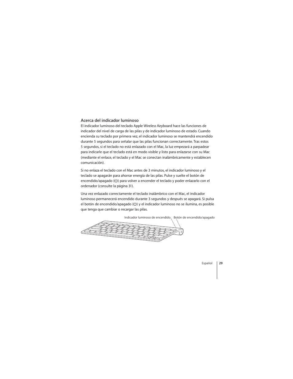 Acerca del indicador luminoso | Apple Wireless Keyboard (2009) User Manual | Page 29 / 52