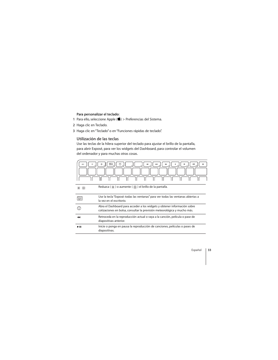 Utilización de las teclas | Apple Wireless Keyboard (2009) User Manual | Page 33 / 52