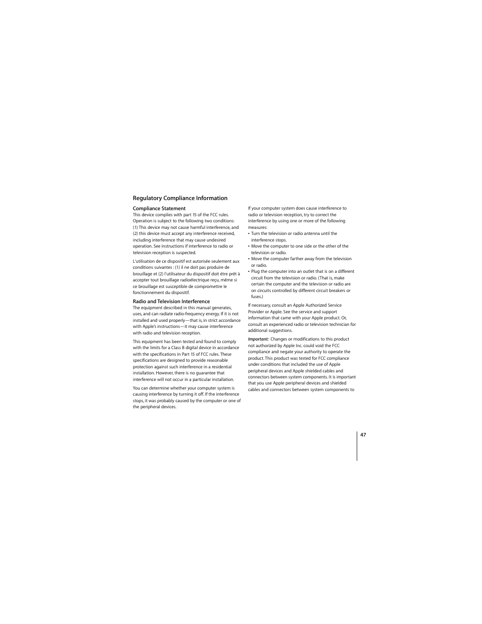 Regulatory compliance information | Apple Wireless Keyboard (2009) User Manual | Page 47 / 52