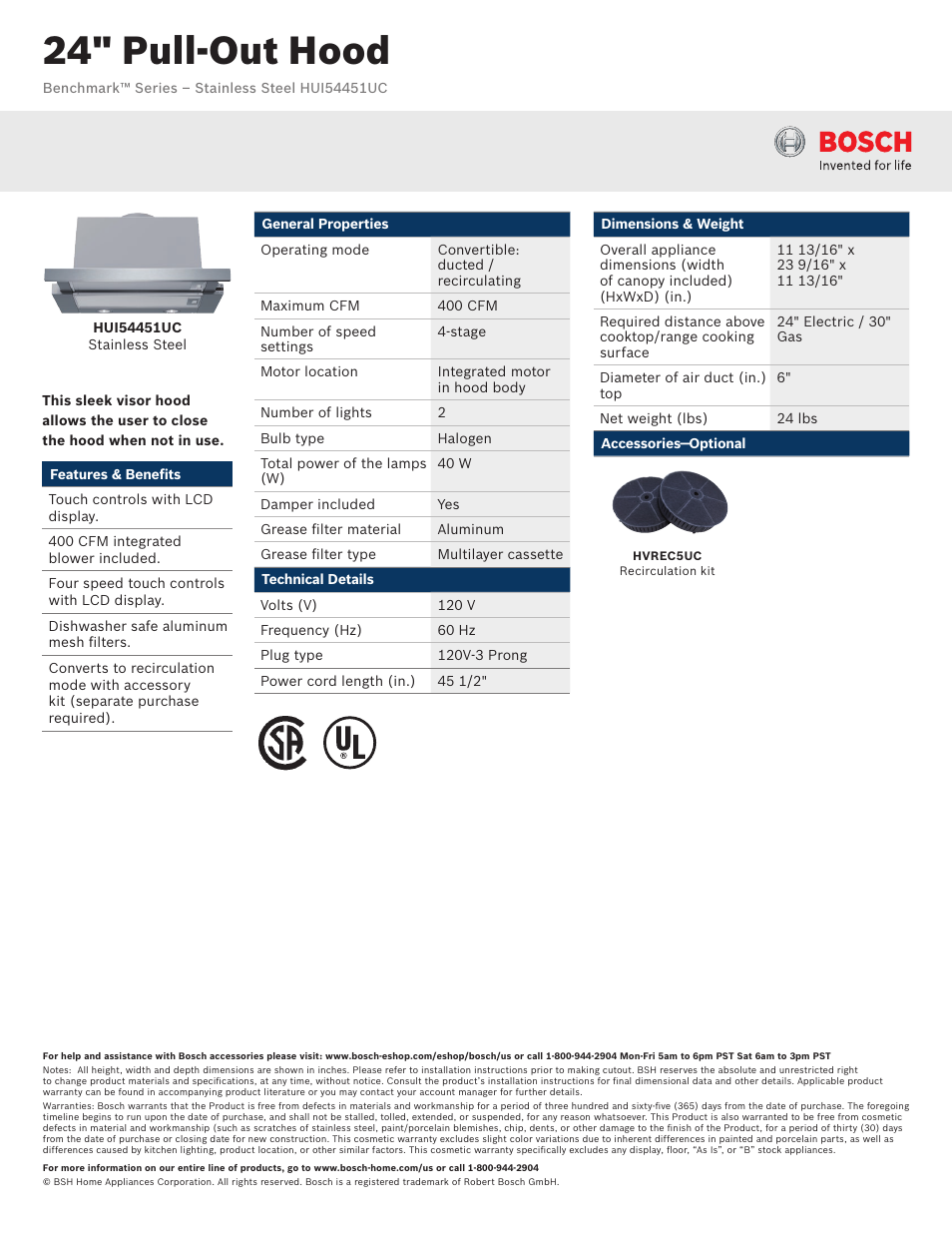 Bosch HUI54451UC User Manual | 2 pages