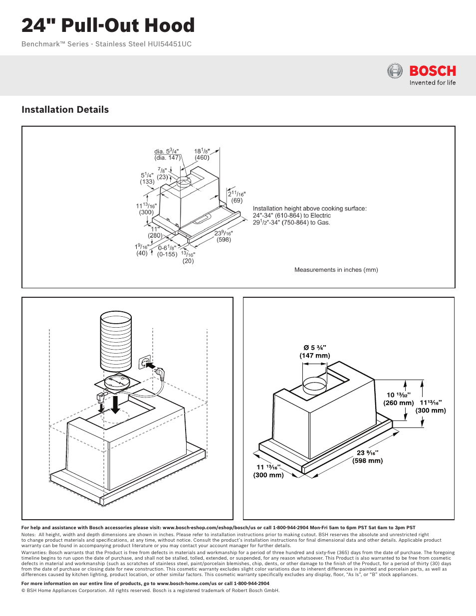 24" pull-out hood, Installation details | Bosch HUI54451UC User Manual | Page 2 / 2