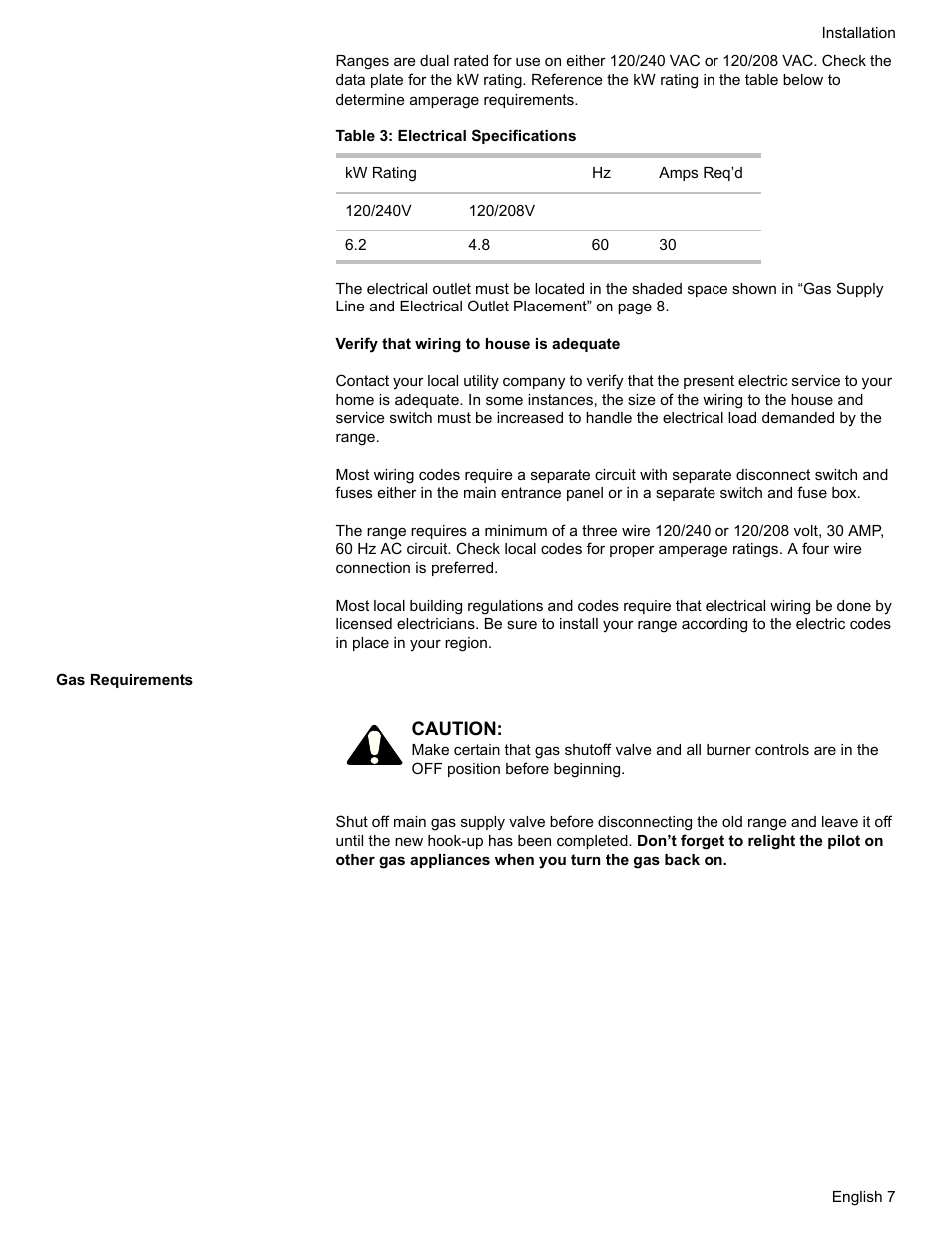 Table 3: electrical specifications, Gas requirements | Bosch HDI7052U User Manual | Page 10 / 80