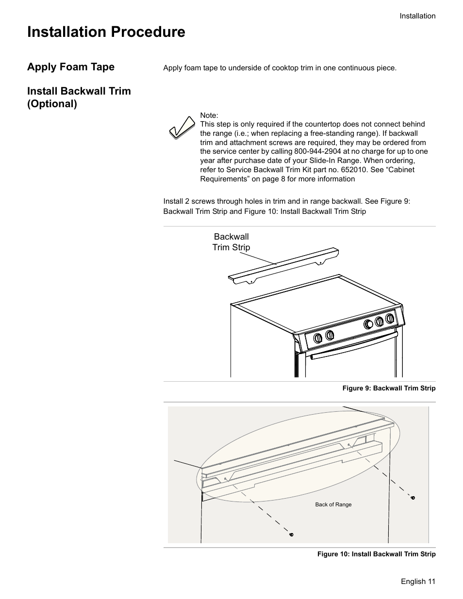 Installation procedure, Apply foam tape, Install backwall trim (optional) | Bosch HDI7052U User Manual | Page 14 / 80