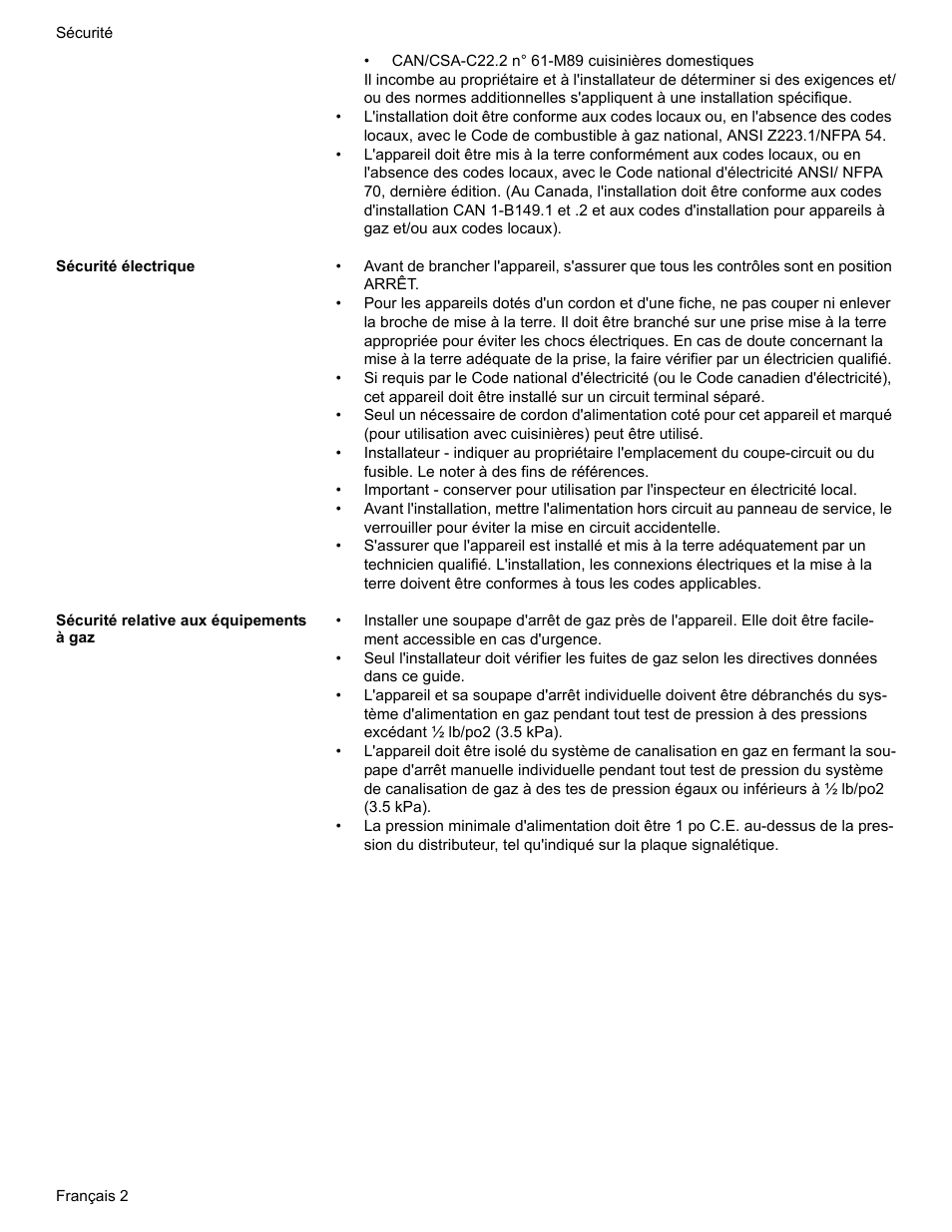 Sécurité électrique, Sécurité relative aux équipements à gaz | Bosch HDI7052U User Manual | Page 30 / 80