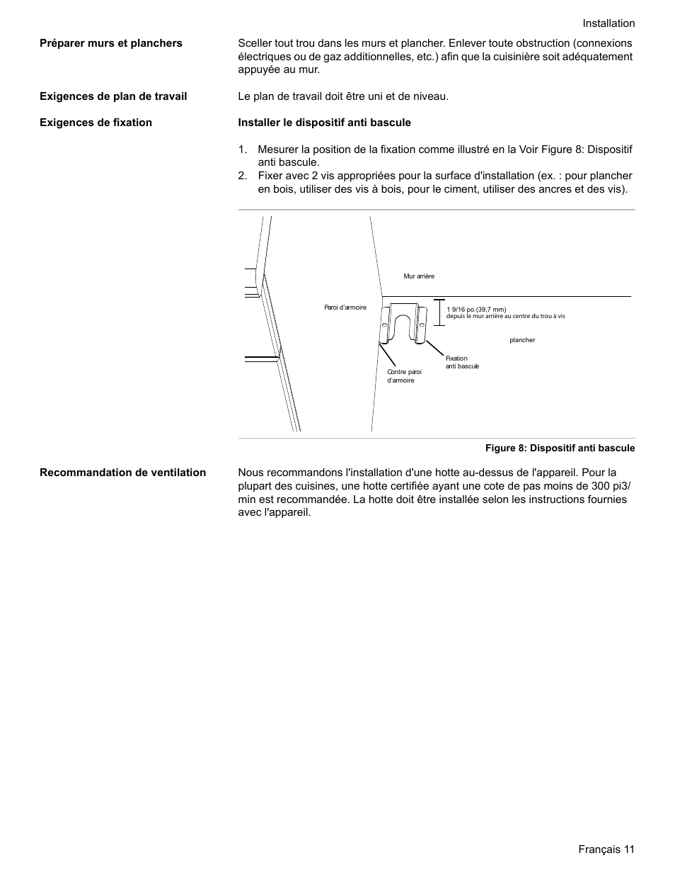 Préparer murs et planchers, Exigences de plan de travail, Exigences de fixation | Recommandation de ventilation | Bosch HDI7052U User Manual | Page 39 / 80