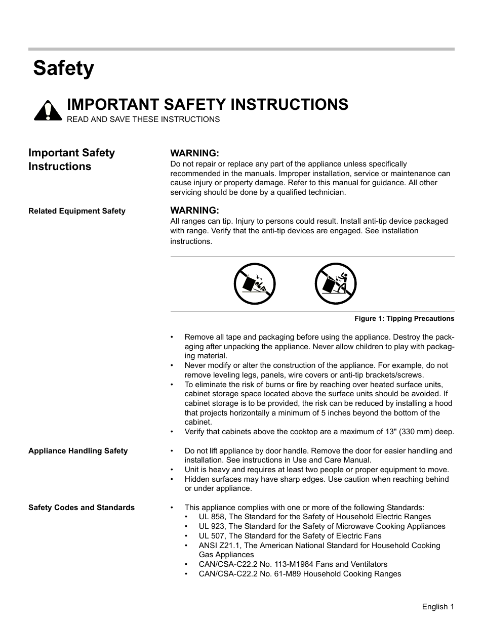 Important safety instructions, Related equipment safety, Appliance handling safety | Safety codes and standards, Safety | Bosch HDI7052U User Manual | Page 4 / 80