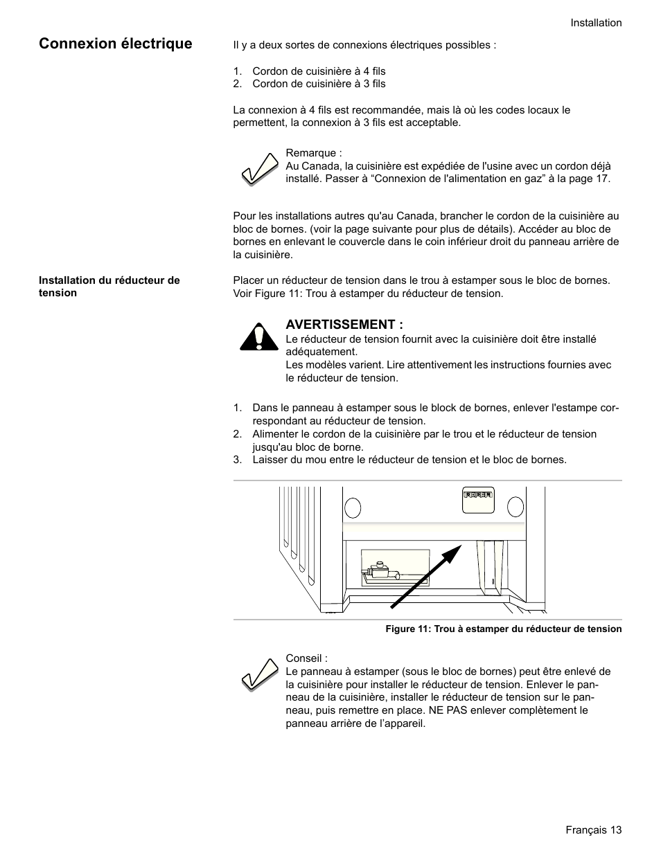 Connexion électrique, Cordon de cuisinière à 4 fils, Cordon de cuisinière à 3 fils | Installation du réducteur de tension | Bosch HDI7052U User Manual | Page 41 / 80