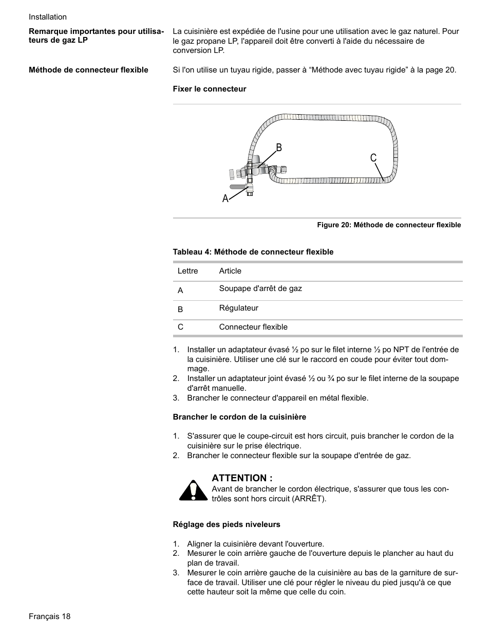 Remarque importantes pour utilisateurs de gaz lp, Méthode de connecteur flexible, Tableau 4: méthode de connecteur flexible | Aligner la cuisinière devant l'ouverture, Ab c | Bosch HDI7052U User Manual | Page 46 / 80