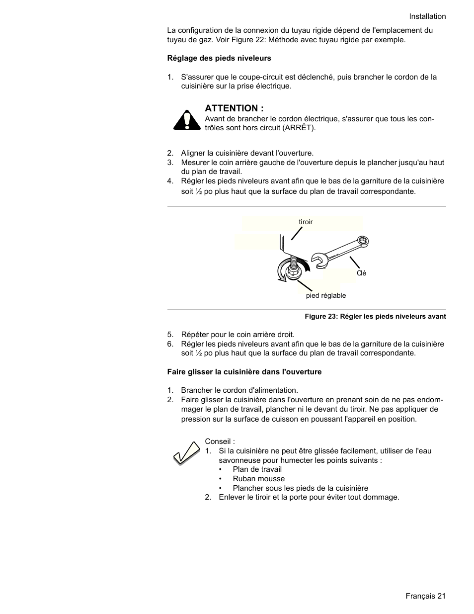 Aligner la cuisinière devant l'ouverture, Répéter pour le coin arrière droit, Brancher le cordon d'alimentation | Bosch HDI7052U User Manual | Page 49 / 80