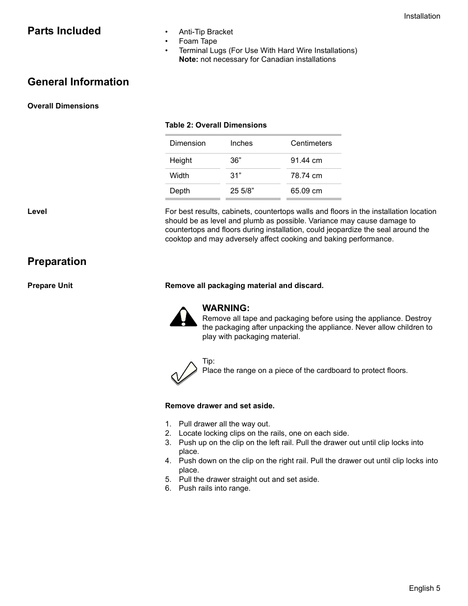 Parts included, General information, Overall dimensions | Table 2: overall dimensions, Level, Preparation, Prepare unit, Pull drawer all the way out, Pull the drawer straight out and set aside, Push rails into range | Bosch HDI7052U User Manual | Page 8 / 80