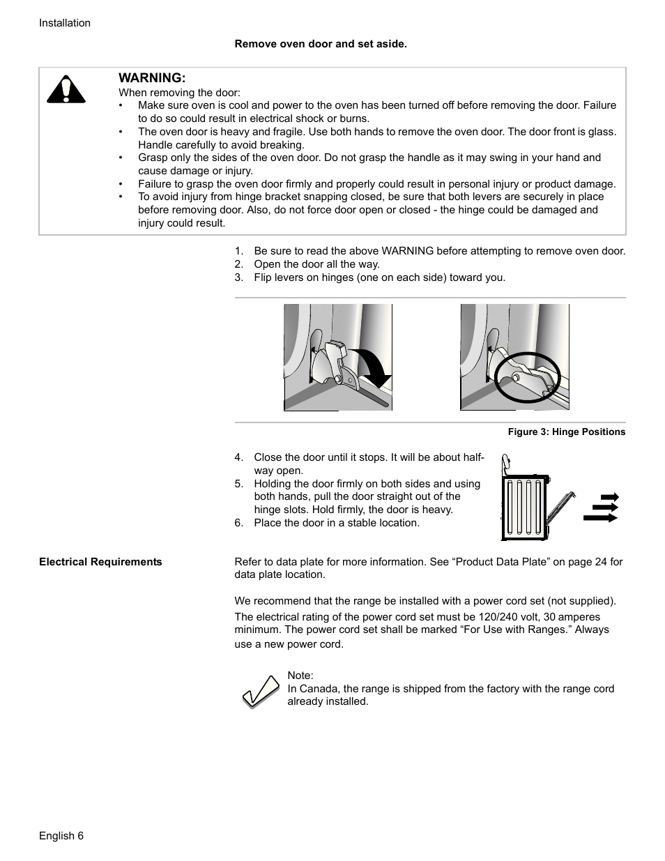 Open the door all the way, Place the door in a stable location, Electrical requirements | Warning | Bosch HDI7052U User Manual | Page 9 / 80