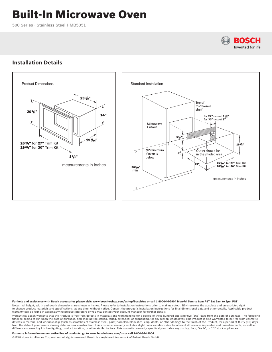 Built-in microwave oven, Installation details | Bosch HMB5051 User Manual | Page 2 / 2